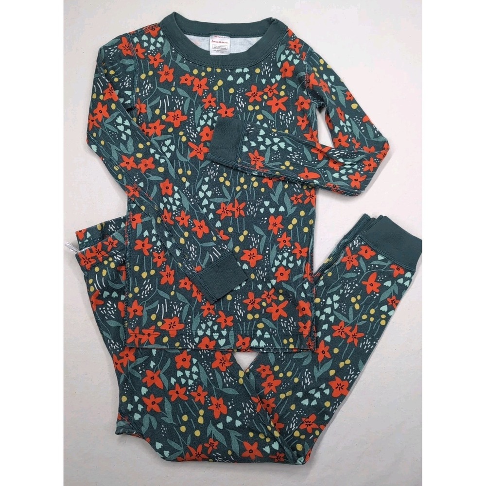 Hanna Andersson Kids 6/7 Organic Cotton Pajama Set Floral Green Red Poinsettia